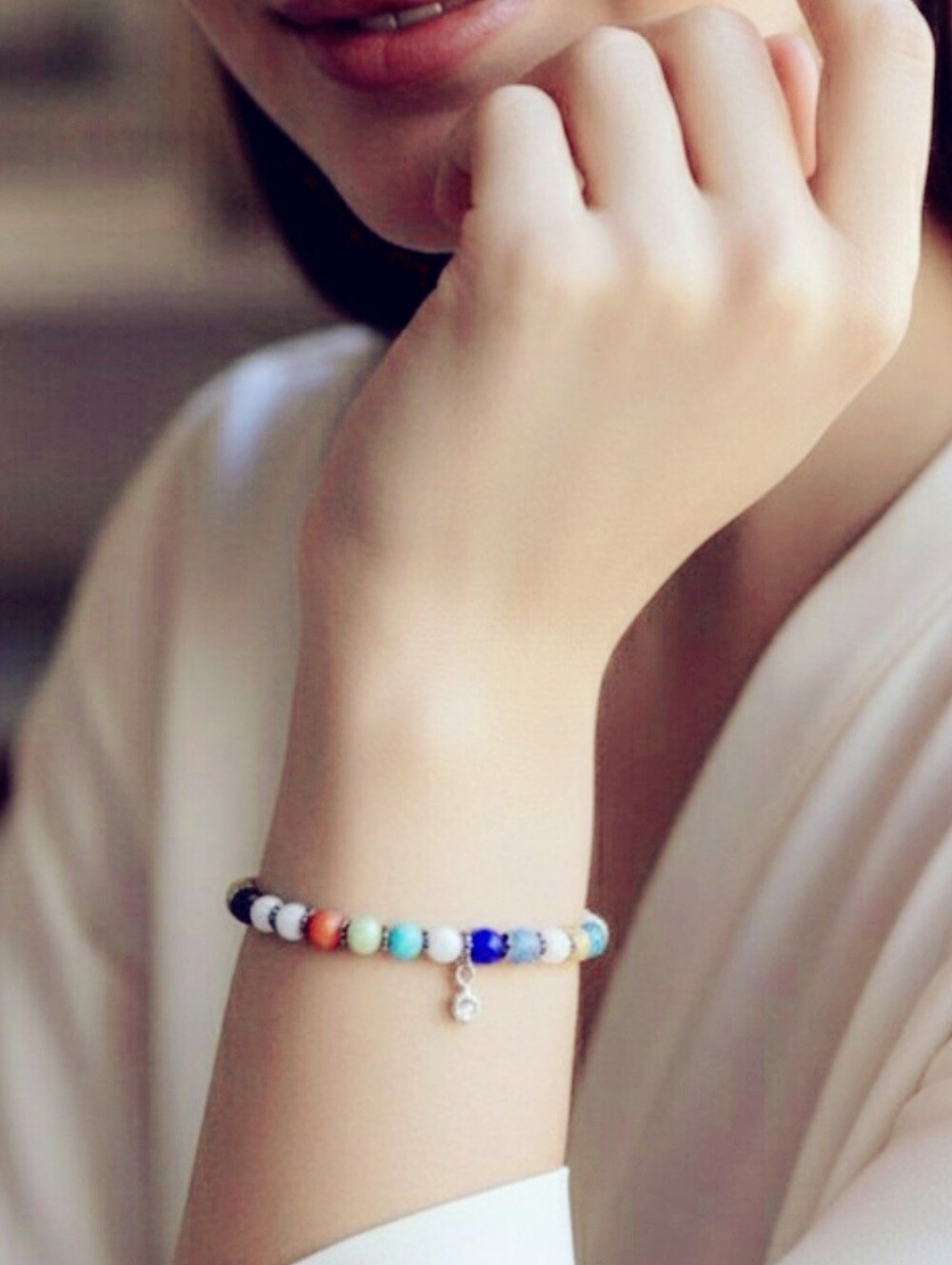 Multicolor Moonglow Beaded Bracelet With Breast Cancer Awareness Charm